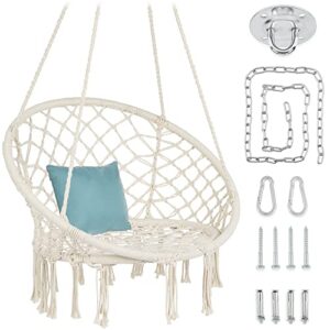 best choice products macramé hanging chair, handwoven cotton hammock swing for indoor & outdoor use w/mounting hardware, backrest, 265lb capacity – beige