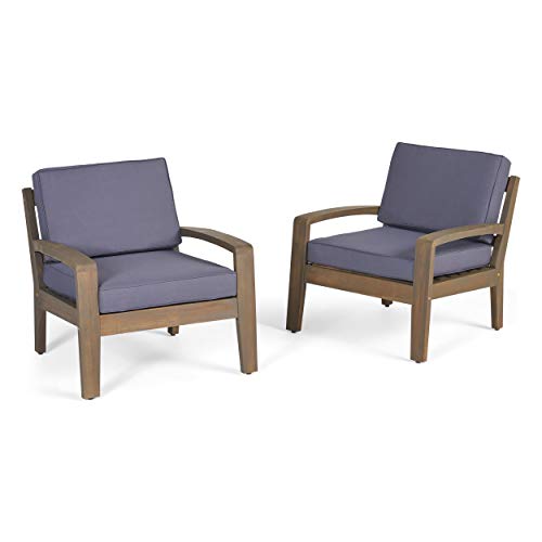 Christopher Knight Home Grenada Outdoor Acacia Wood Club Chairs with Water Resistant Cushions, 2-Pcs Set, Grey Finish / Dark Grey