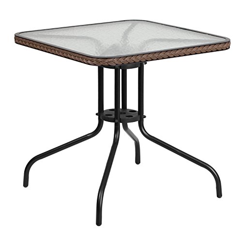 Flash Furniture 28'' Square Tempered Glass Metal Table with Dark Brown Rattan Edging