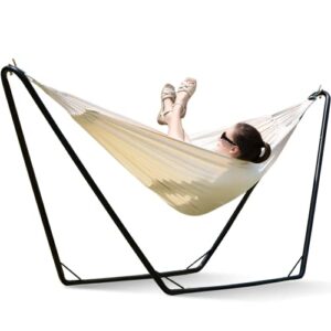 gafete hammocks with stand included space saving steel v-stand heavy duty for 2 person indoor outdoor patio 450 lbs capacity (natural)