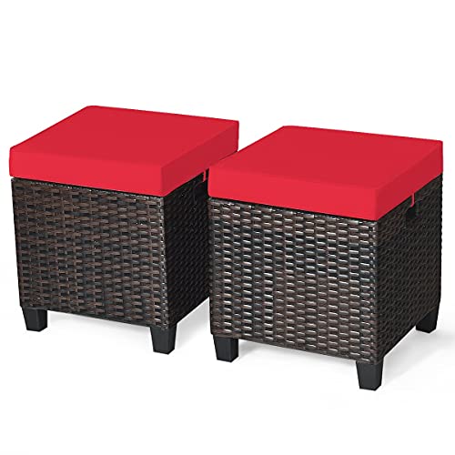 Hysache Outdoor Patio Ottoman Set of 2, All Weather Rattan Wicker Ottoman Set w/Removable Cushions, Outdoor Foot Stool Foot Rest for Patio Garden Porch Poolside (Red)