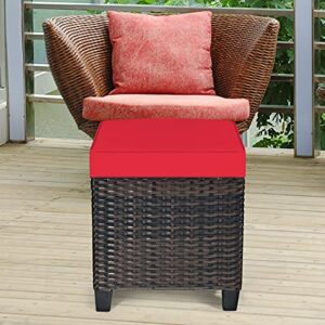 Hysache Outdoor Patio Ottoman Set of 2, All Weather Rattan Wicker Ottoman Set w/Removable Cushions, Outdoor Foot Stool Foot Rest for Patio Garden Porch Poolside (Red)