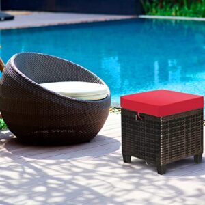 Hysache Outdoor Patio Ottoman Set of 2, All Weather Rattan Wicker Ottoman Set w/Removable Cushions, Outdoor Foot Stool Foot Rest for Patio Garden Porch Poolside (Red)