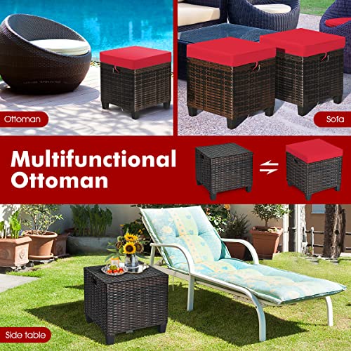 Hysache Outdoor Patio Ottoman Set of 2, All Weather Rattan Wicker Ottoman Set w/Removable Cushions, Outdoor Foot Stool Foot Rest for Patio Garden Porch Poolside (Red)