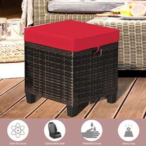 Hysache Outdoor Patio Ottoman Set of 2, All Weather Rattan Wicker Ottoman Set w/Removable Cushions, Outdoor Foot Stool Foot Rest for Patio Garden Porch Poolside (Red)