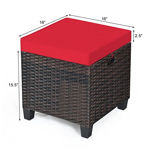 Hysache Outdoor Patio Ottoman Set of 2, All Weather Rattan Wicker Ottoman Set w/Removable Cushions, Outdoor Foot Stool Foot Rest for Patio Garden Porch Poolside (Red)