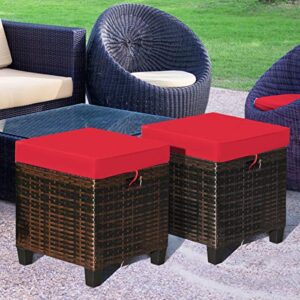 Hysache Outdoor Patio Ottoman Set of 2, All Weather Rattan Wicker Ottoman Set w/Removable Cushions, Outdoor Foot Stool Foot Rest for Patio Garden Porch Poolside (Red)