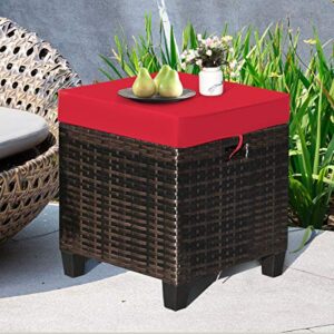 Hysache Outdoor Patio Ottoman Set of 2, All Weather Rattan Wicker Ottoman Set w/Removable Cushions, Outdoor Foot Stool Foot Rest for Patio Garden Porch Poolside (Red)