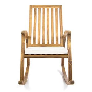 GDFStudio Caleb Outdoor Acacia Wood Rocking Chair with Water Resistant Cushion (Natural Stained/Cream)