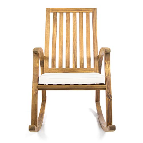 GDFStudio Caleb Outdoor Acacia Wood Rocking Chair with Water Resistant Cushion (Natural Stained/Cream)