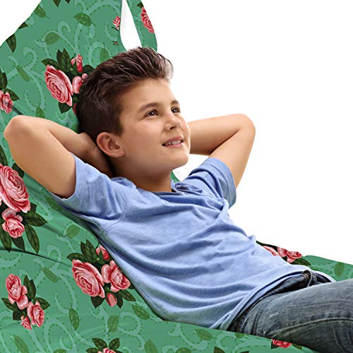 Ambesonne Vintage Floral Lounger Chair Bag, Flowers Illustration Roses and Leaves Ornaments Retro Romance Design, High Capacity Storage with Handle Container, Lounger Size, Coral and Green