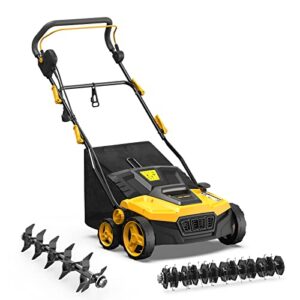 rock&rocker 15 inch 13amp electric dethatcher scarifier, 2-in-1 dethatcher aerator, 5 working depth, 45l thatch bag, tool-free & foldable handle, easy storage, 3 rod handle height, for lawn health