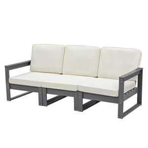 laurel canyon 3 piece outdoor sofa hdpe recycled plastic patio sectional sofa outdoor couch with beige cushions, slate grey