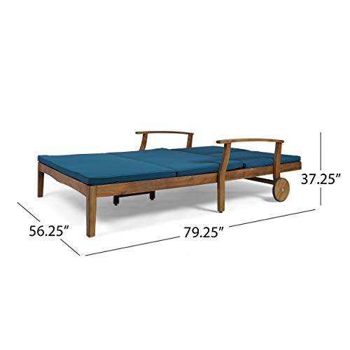 Great Deal Furniture Samantha Double Chaise Lounge for Yard and Patio, Acacia Wood Frame, Teak Finish with Blue Cushions