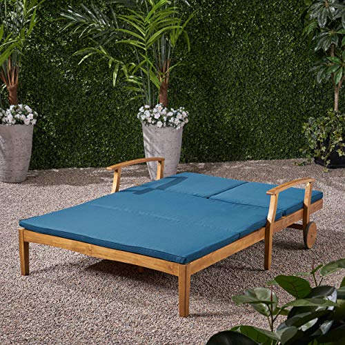 Great Deal Furniture Samantha Double Chaise Lounge for Yard and Patio, Acacia Wood Frame, Teak Finish with Blue Cushions