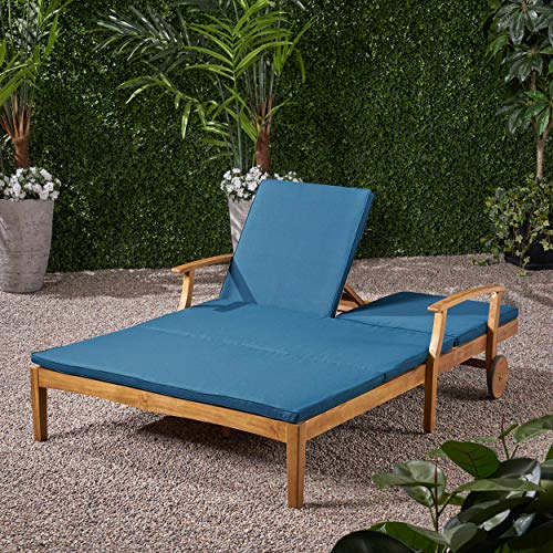 Great Deal Furniture Samantha Double Chaise Lounge for Yard and Patio, Acacia Wood Frame, Teak Finish with Blue Cushions