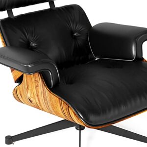 Chairpose ELC Lounge Chair and Ottoman | Tall | Genuine Italian Black Leather with Walnut Finish | Heavy Duty Base