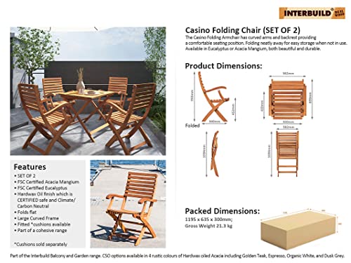 INTERBUILD REAL WOOD Acacia Hardwood Foldable Casino Chair with Arm Rests, Balcony | Dining | Garden | Patio Chairs, 17" Tall, 2 Piece Set - Espresso
