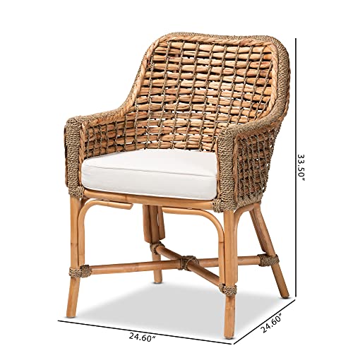 Baxton Studio Kyle Modern Bohemian Natural Brown Woven Rattan Dining Arm Chair with Cushion