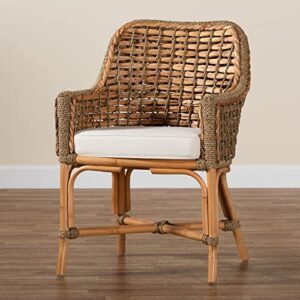 Baxton Studio Kyle Modern Bohemian Natural Brown Woven Rattan Dining Arm Chair with Cushion