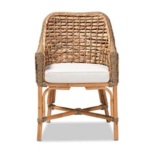 Baxton Studio Kyle Modern Bohemian Natural Brown Woven Rattan Dining Arm Chair with Cushion