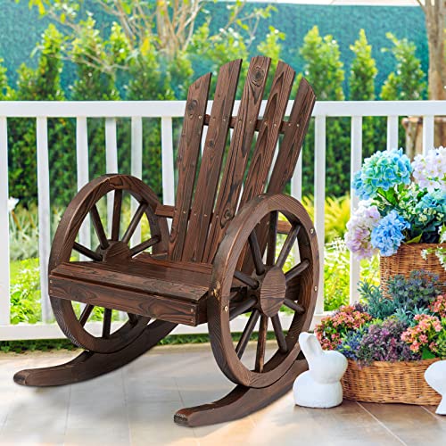 KINTNESS Adirondack Rocking Chair Vintage Wagon Wheel Design Outdoor Furniture for Garden,Patio,Backyard Natural