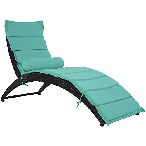 Livspace Patio Furniture Outdoor Adjustable PE Rattan Wicker Chaise Lounge Chair Sunbed,Blue Cushion