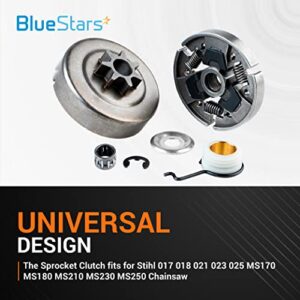 BlueStars 3/8 7T Clutch Drum Sprocket with Bearing Washer E-Clip Worm Gear - for Stihl 017 018 021 023 MS170 MS180 MS210 MS230 MS250 Chainsaw - Replaces 1123 640 2003, 1123 640 2073