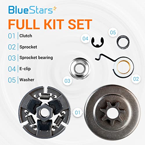 BlueStars 3/8 7T Clutch Drum Sprocket with Bearing Washer E-Clip Worm Gear - for Stihl 017 018 021 023 MS170 MS180 MS210 MS230 MS250 Chainsaw - Replaces 1123 640 2003, 1123 640 2073