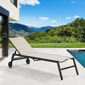 Yaheetech Patio Chaise Lounge, All Weather Outdoor Lounge with Wheels, Five-Position Adjustable Recliner for Patio Pool Beach Yard(1PC Beige)