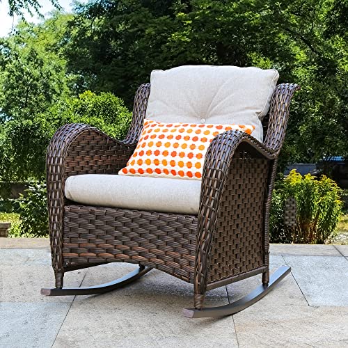 HAPLIFE Patio Rattan Rocking Chair Club Rocker Wicker Outdoor Furniture Set Water-Resistant, Brown