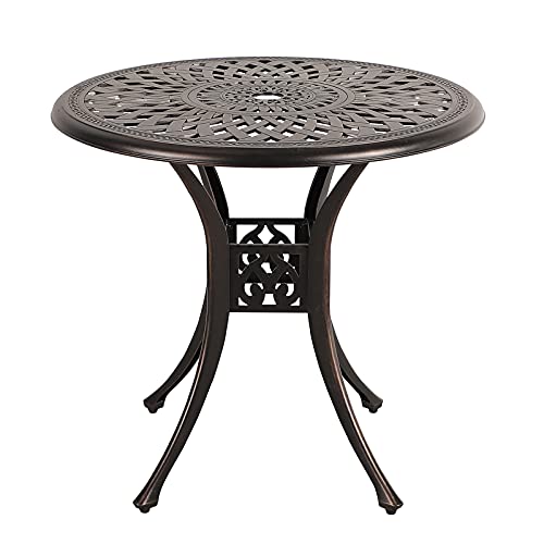 COBANA Patio Bistro Table, 31’’ Round Cast Aluminum Outdoor Dining Retro Side Table with 2’’ Umbrella Hole, Bronze