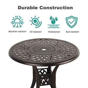 COBANA Patio Bistro Table, 31’’ Round Cast Aluminum Outdoor Dining Retro Side Table with 2’’ Umbrella Hole, Bronze