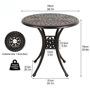 COBANA Patio Bistro Table, 31’’ Round Cast Aluminum Outdoor Dining Retro Side Table with 2’’ Umbrella Hole, Bronze