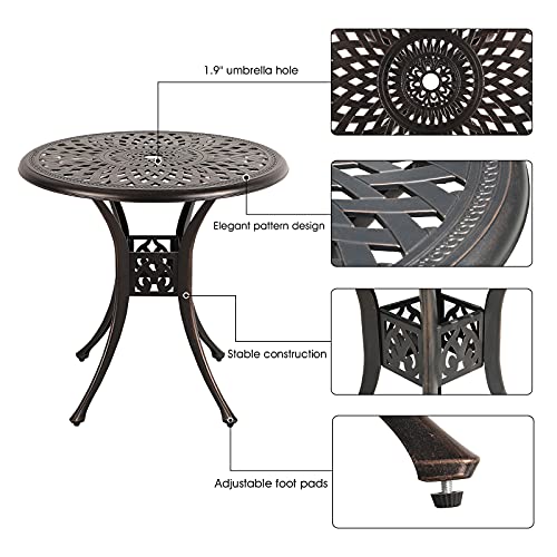 COBANA Patio Bistro Table, 31’’ Round Cast Aluminum Outdoor Dining Retro Side Table with 2’’ Umbrella Hole, Bronze