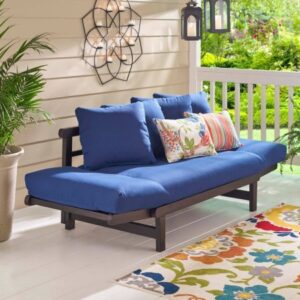 Outdoor Convertible Sofa Daybed Futon Deep Seating Adjustable Wood Patio Furniture with Blue Cushions