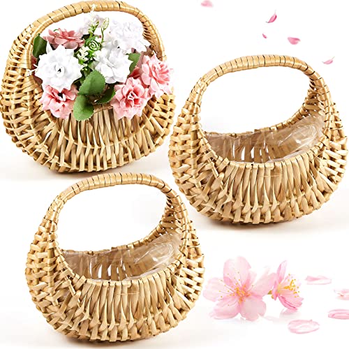 Taiyin 3 Pcs Rattan Basket Half Moon Wicker Basket Willow Straw Basket Small Woven Basket with Handle Wedding Flower Girl Baskets Sturdy Picnic Basket for Garden Storage Home Decor