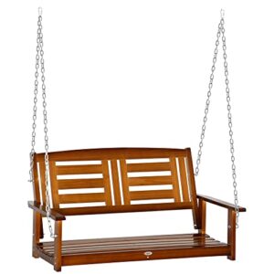 outsunny 2 person front porch swing, hanging patio swing, outdoor swing bench with pine wood frame and hanging chains for garden and yard, 550 lbs weight capacity