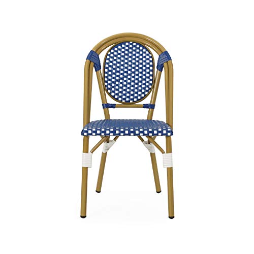 Christopher Knight Home Gwendolyn Outdoor French Bistro Chairs (Set of 4), Blue + White + Bamboo Print Finish