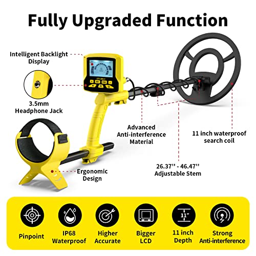 Upgraded Metal Detector for Adults: SAKOBS 11'' Professional Pinpoint Metal Detector IP68 Waterproof with 5 Modes, 7 Type Target Metals, 8 Levels Sensitivity,11" Detection Depth Gold Detector