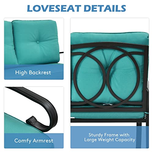 n/a 2PCS Patio Loveseat Bench Table Furniture Set Cushioned Chair Turquois Loveseat Coffee Table