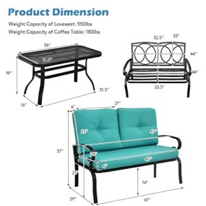 n/a 2PCS Patio Loveseat Bench Table Furniture Set Cushioned Chair Turquois Loveseat Coffee Table