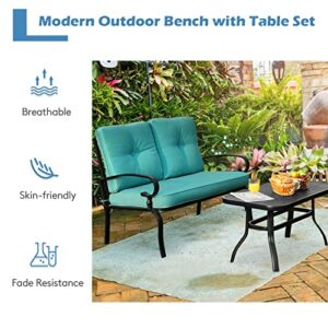 n/a 2PCS Patio Loveseat Bench Table Furniture Set Cushioned Chair Turquois Loveseat Coffee Table