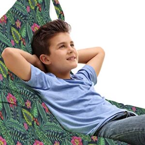ambesonne foliage lounger chair bag, natural theme tropical jungle and palm leaves along exotic flowers, high capacity storage with handle container, lounger size, grey teal and pale fuchsia