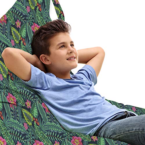 Ambesonne Foliage Lounger Chair Bag, Natural Theme Tropical Jungle and Palm Leaves Along Exotic Flowers, High Capacity Storage with Handle Container, Lounger Size, Grey Teal and Pale Fuchsia