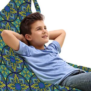 ambesonne vintage lounger chair bag, western culture inspired mosaic floral tiles pattern, high capacity storage with handle container, lounger size, cobalt blue apple green