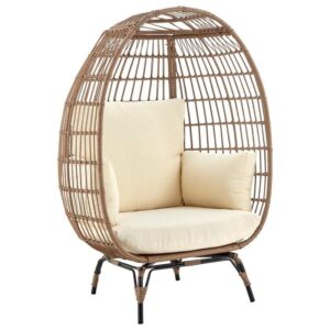 manhattan comfort spezia freestanding steel and rattan outdoor egg chair with cushions, tan and cream