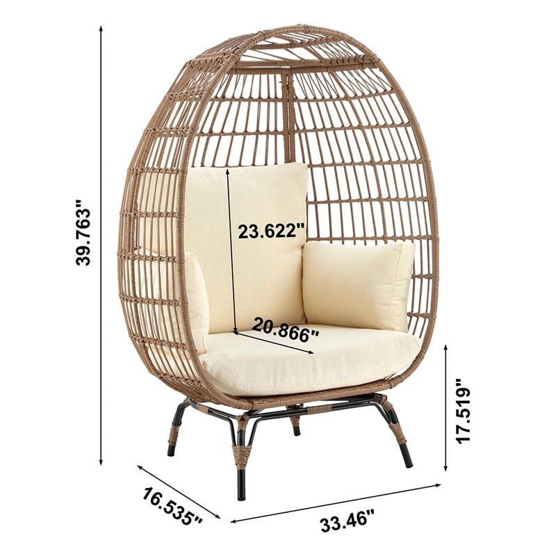 Manhattan Comfort Spezia Freestanding Steel and Rattan Outdoor Egg Chair with Cushions, Tan and Cream