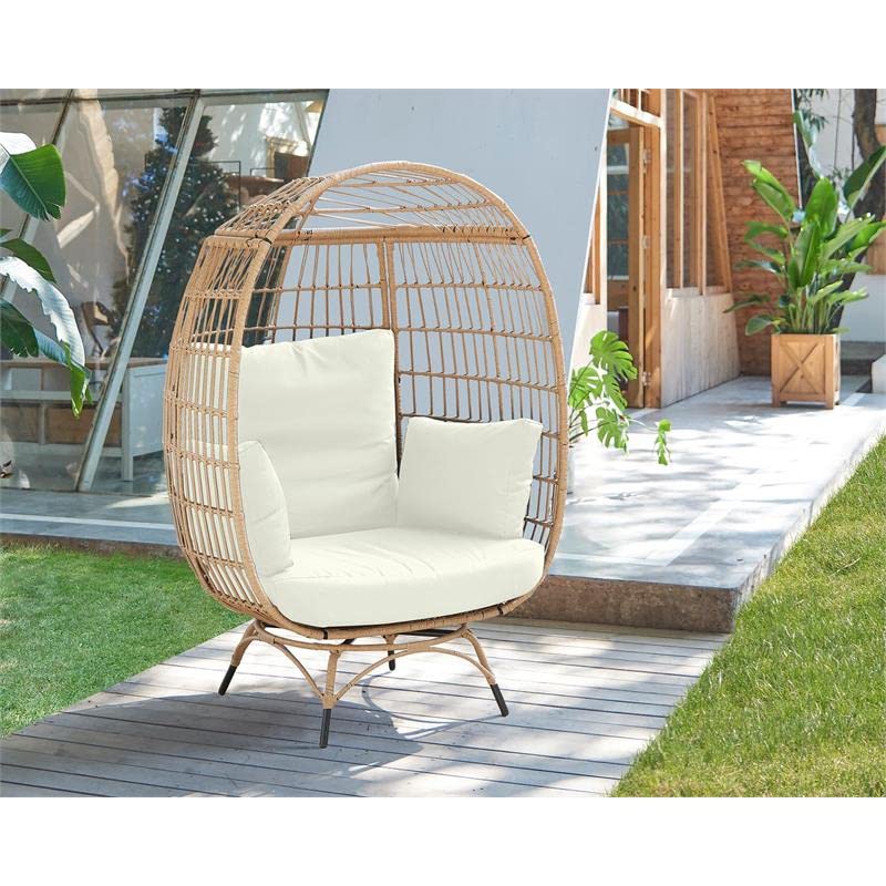 Manhattan Comfort Spezia Freestanding Steel and Rattan Outdoor Egg Chair with Cushions, Tan and Cream