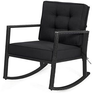happygrill patio rocking chair outdoor rattan wicker glider chair with heavy-duty frame thick cushion for backyard garden porch, black